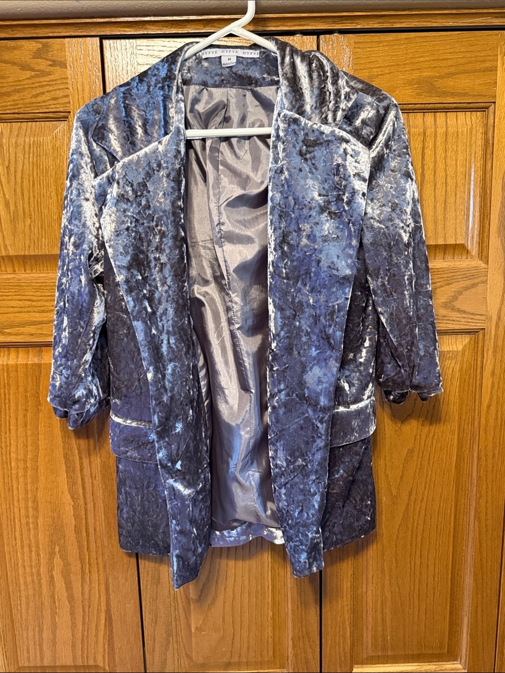 HYFVE Crushed Velvet Open-Front Blazer in Slate Blue-Size Medium